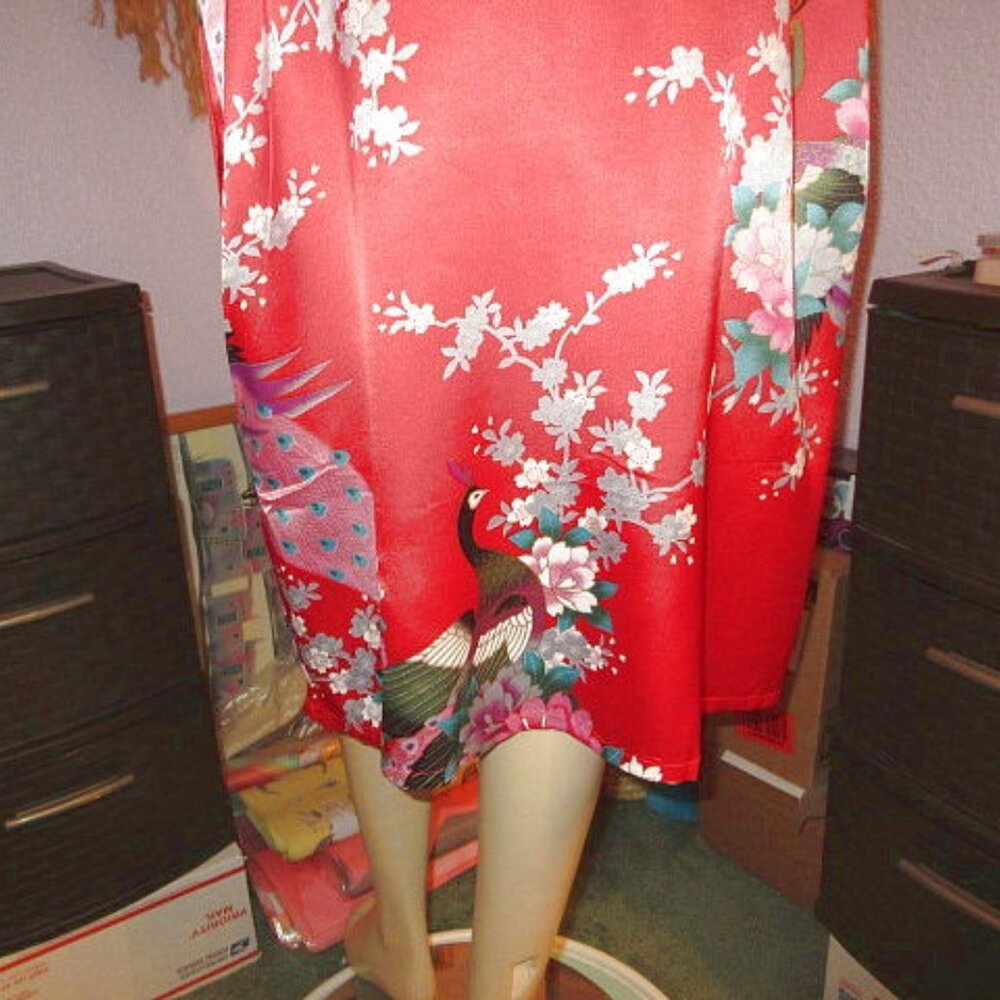 Vtg Silk Kimono Robe One Size Asian Smoking Jacket Dressing Gown Exotic Floral - Picture 8 of 8